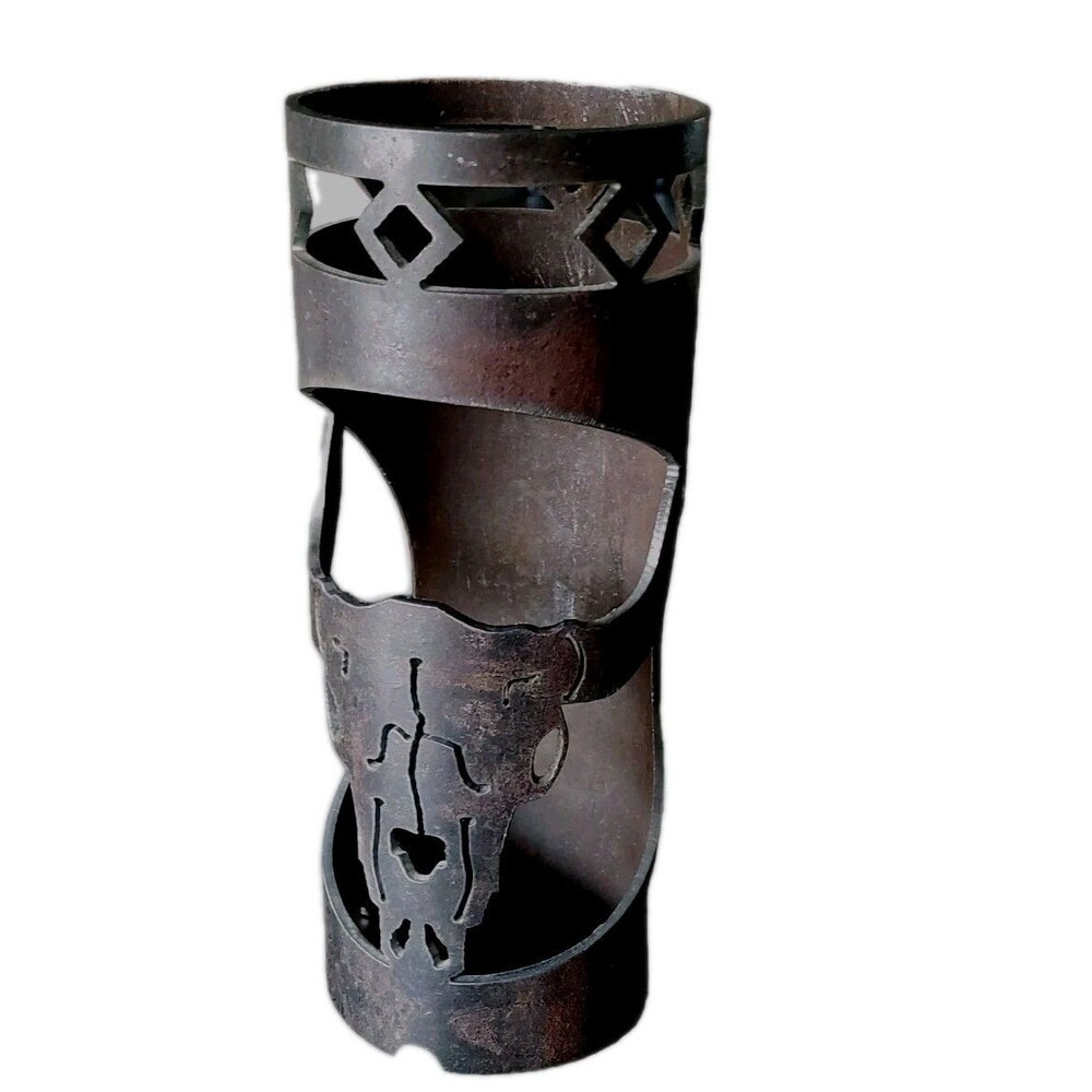 Rustic Candle Holder Dark Brown Patina Steel Artisan Made Western Decor Bull Cow - Picture 5 of 8
